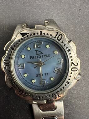 Freestyle Date Watch Blue Mother of Pearl Face Stainless Steel WR 330 Ft 26mm